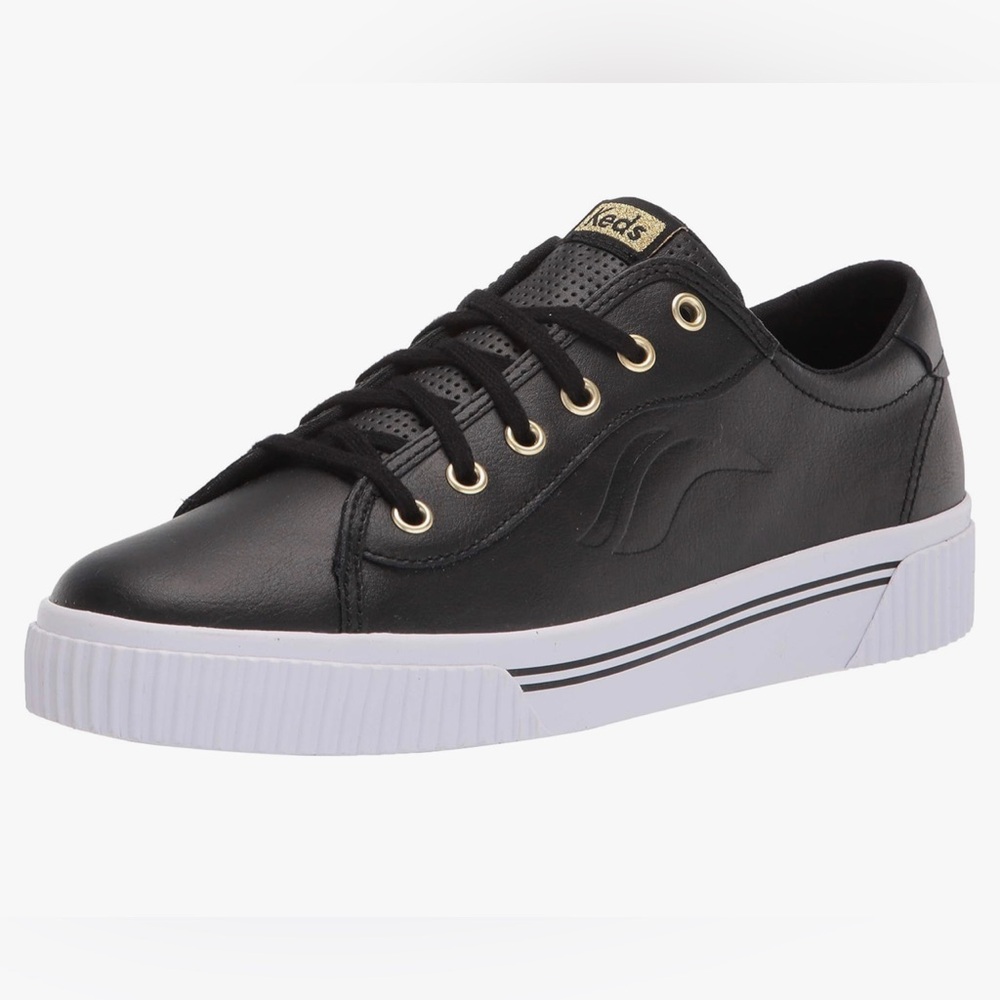 Keds Women’s Size 9.5 Sneaker Leather Lace Up Black Gold Accents